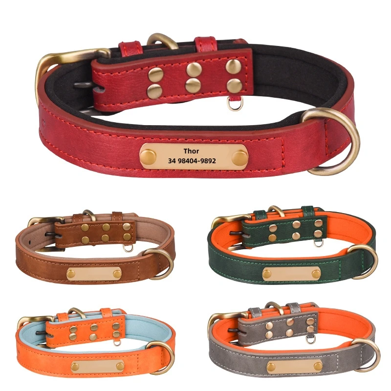Collar de cuero personalizado para perro, Collar acolchado suave, identificación de mascota personalizada, nombre grabado gratis, pata para perros pequeños y medianos, Pug