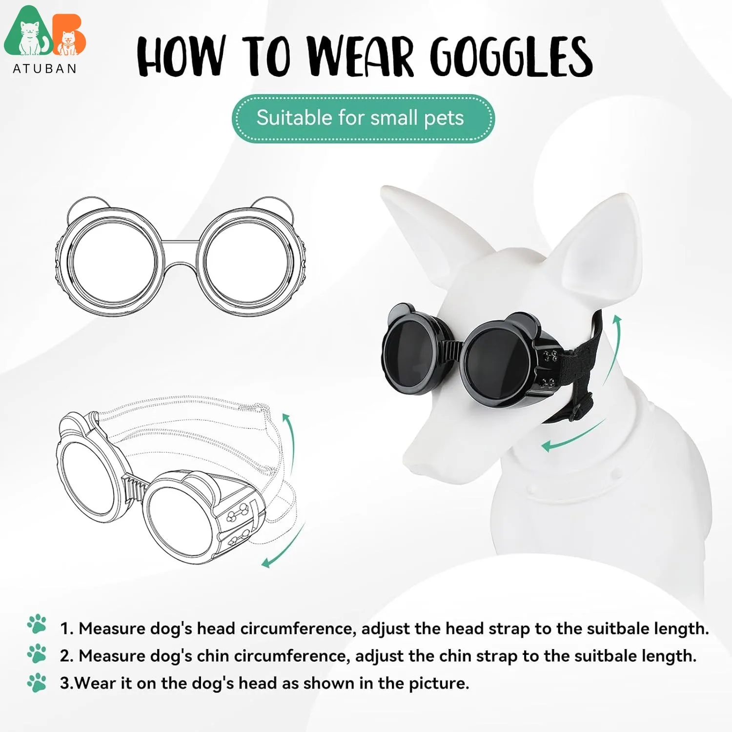 ATUBAN Cat Goggles Panda Shape Dog Goggles Small Breed UV Protection Windproof Dog Eye Protection, Adjustable Straps,Breathable - imagen 4