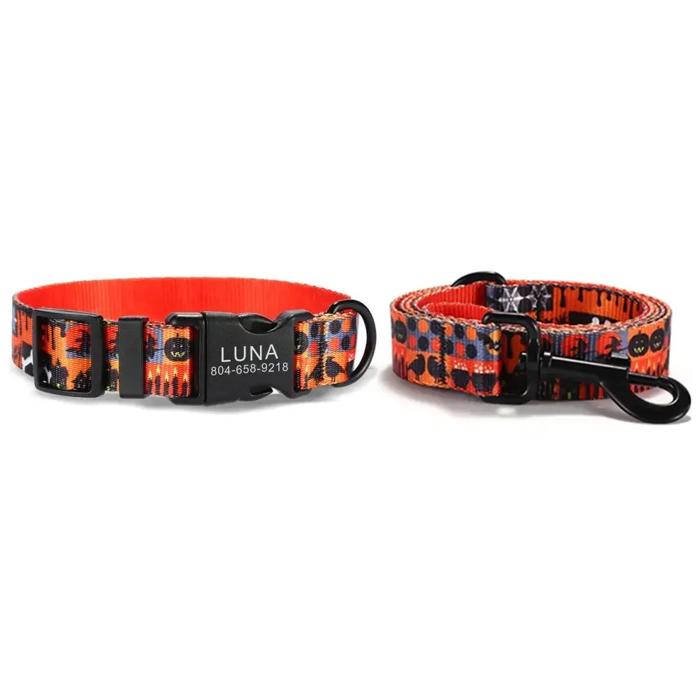 Collar de perro personalizado con grabado gratuito, correa para mascotas a juego, hebilla de contactos personalizados, Collar para mascotas de gato de Halloween