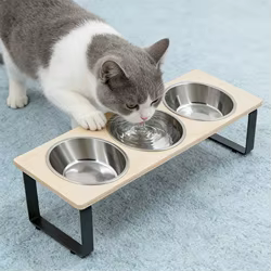 Comedero elevado de madera con cuencos de acero para gatos
