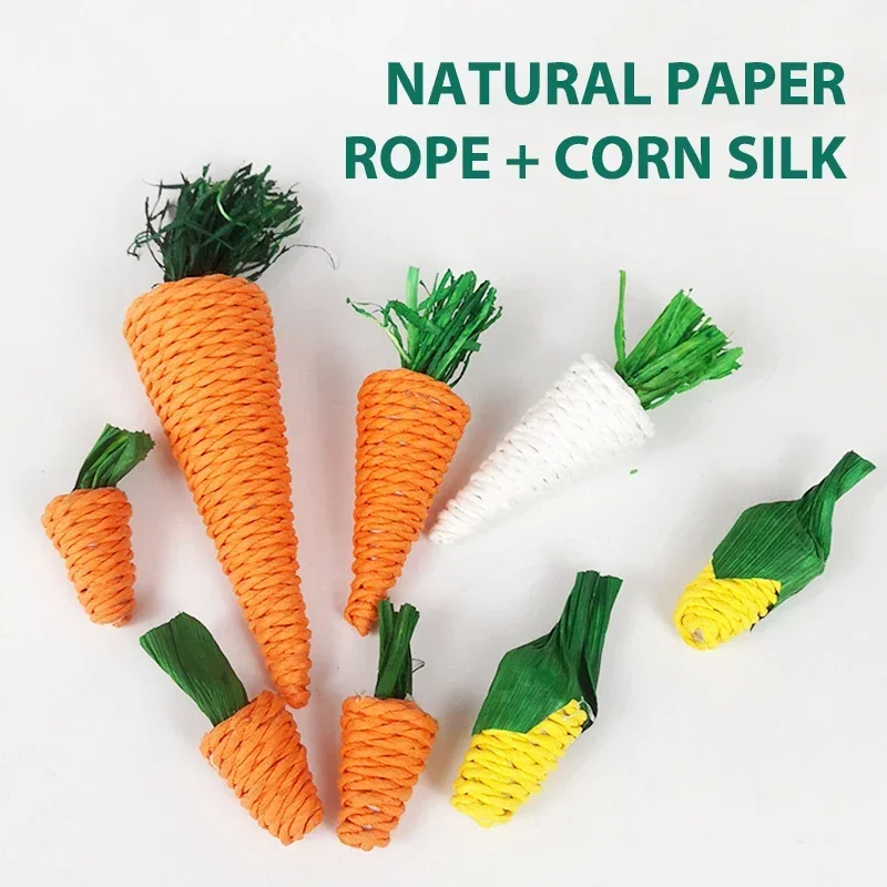 Juguete para masticar conejos y hámster, juguetes para morder los dientes, bolas tejidas de zanahoria y maíz para limpieza dental, juguetes molares de rábano, suministros para gatos y mascotas, 2 uds. - imagen 4