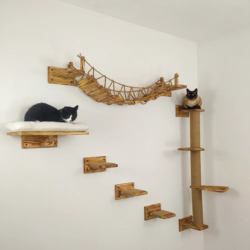 Muebles de pared para rascar gatos, hamaca montada, árbol para gatos, perchas de árbol trepadoras de madera, camas, juego de escaleras de Sisal para saltar gatos - imagen 2