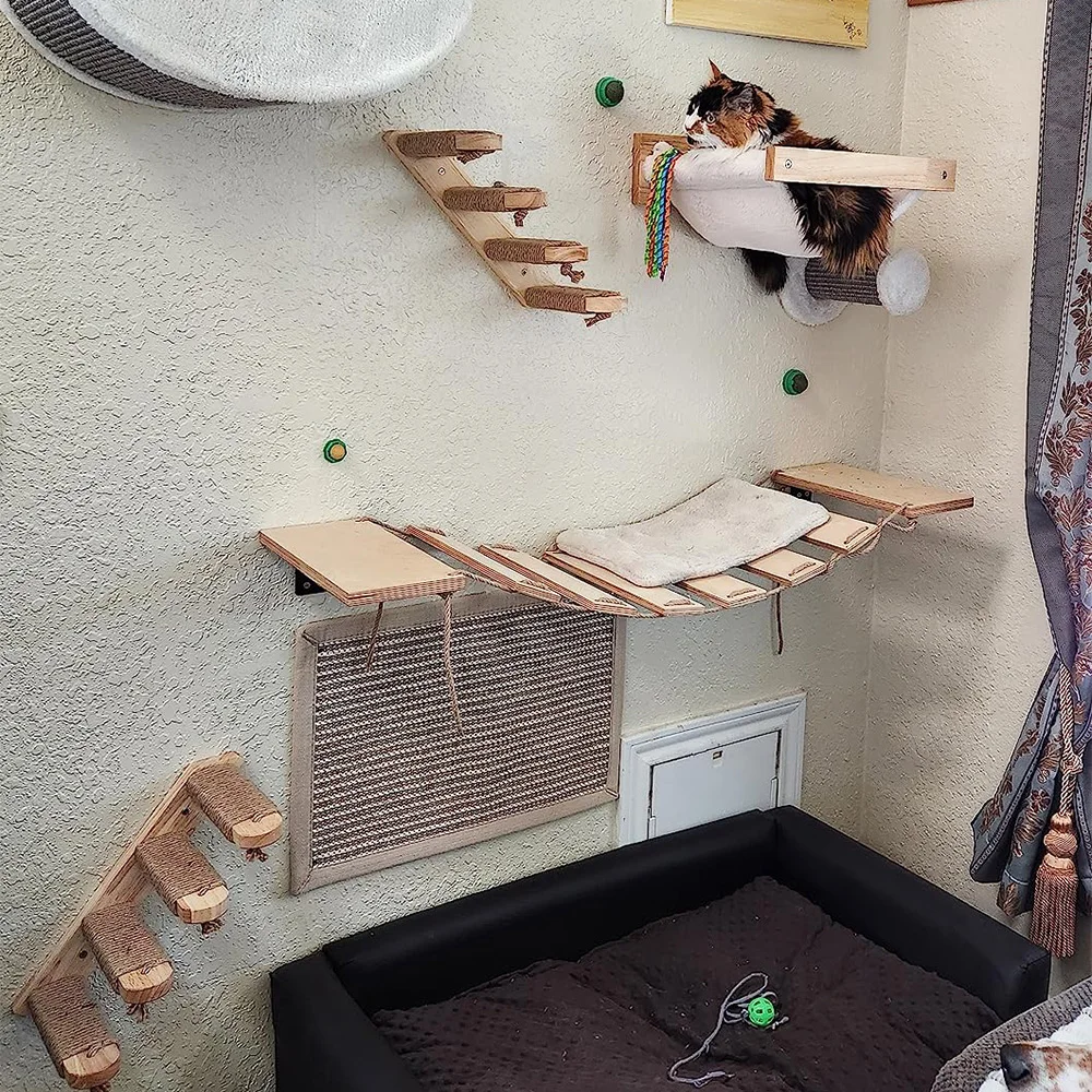 Sistema de escalada para gatos montado en la pared con estantes de madera, postes rascadores de Sisal y hamaca, muebles de pared para gatos para escalar gatos en interiores - imagen 3