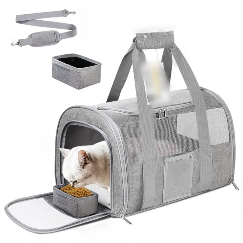 Bolsa transpirable para gatos, bolsa plegable de malla para gatos, transportadores portátiles de viaje para gatos salientes, bolso para mascotas al aire libre con cuenco plegable