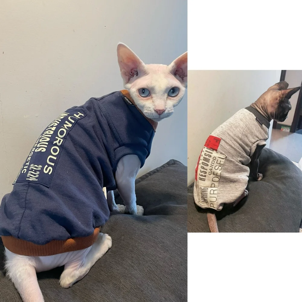 Sudadera de tela de trabajo de parche de moda para gatos machos en primavera azul primavera Abrigo gris Sphynx Cat Camiseta de algodón para gatitos