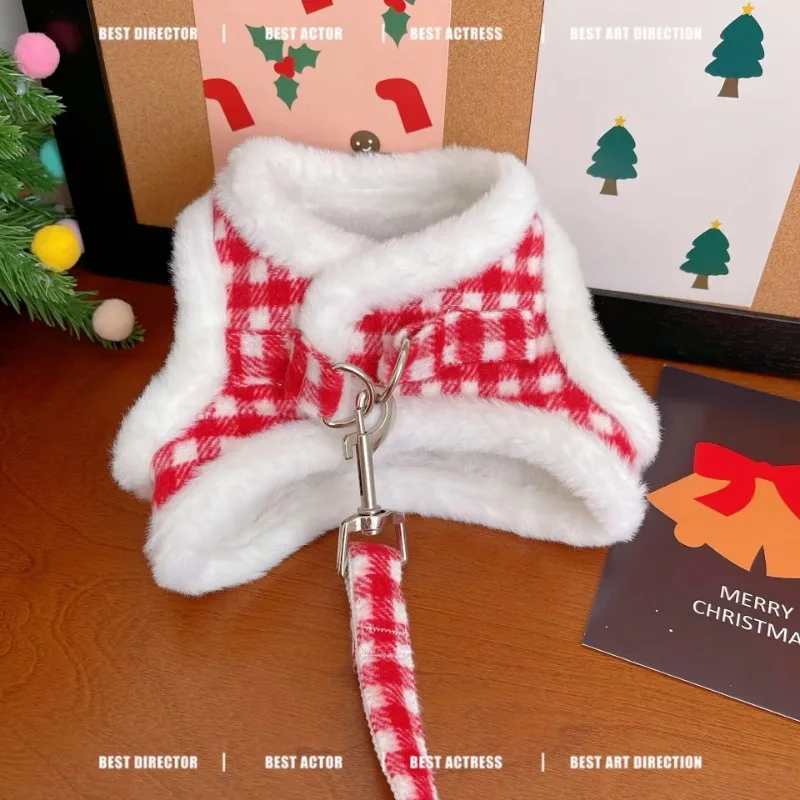 Arnés de perro de peluche rojo, conjunto de tracción a cuadros para mascotas, ropa para perros y gatos, chaleco, arneses de terciopelo grueso, abrigo de invierno de peluche de Navidad y Año Nuevo - imagen 3
