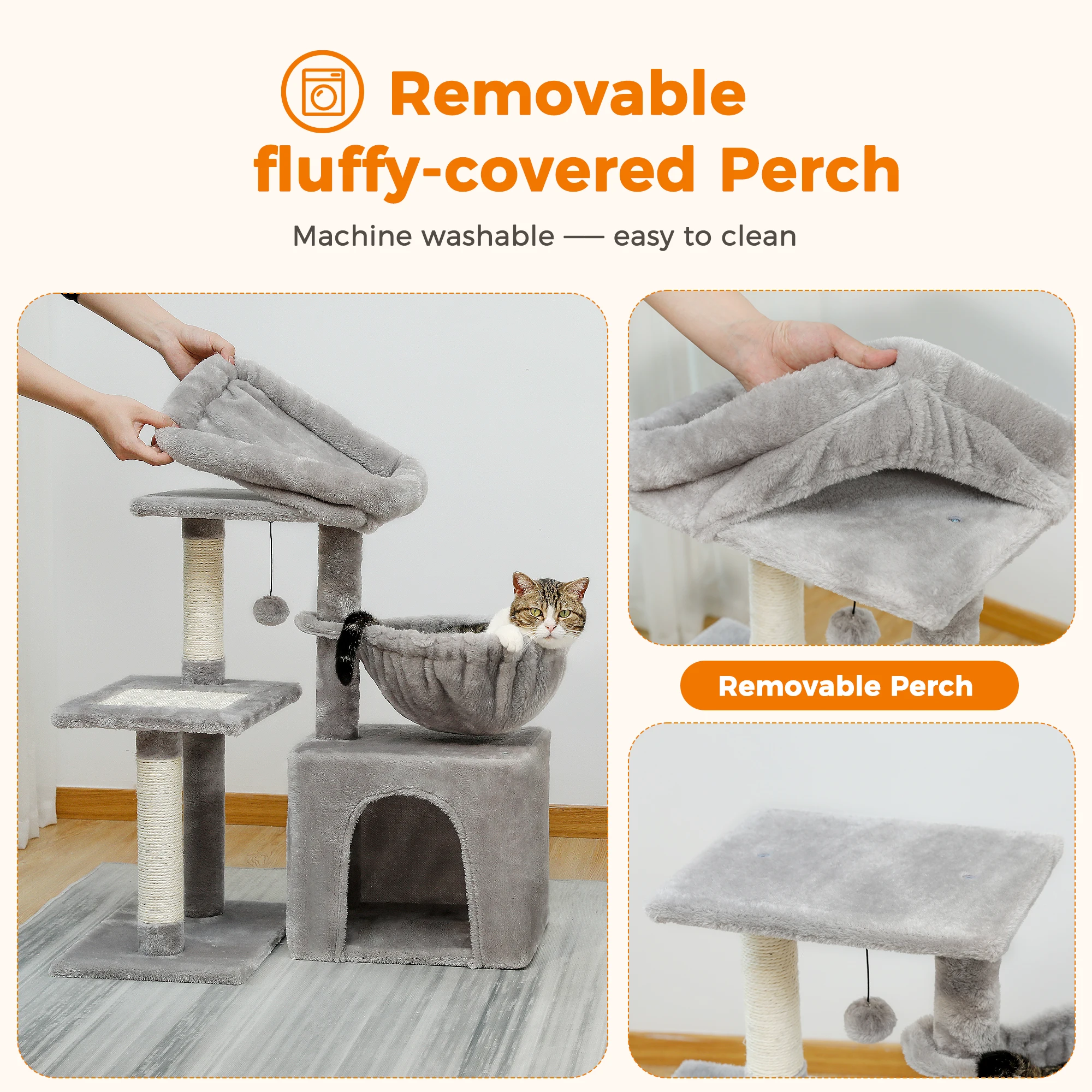 Árbol para gatos con tapa extraíble, percha grande, postes rascadores de sisal natural, condominio privado, hamaca profunda y suave para gatitos de interior - imagen 3