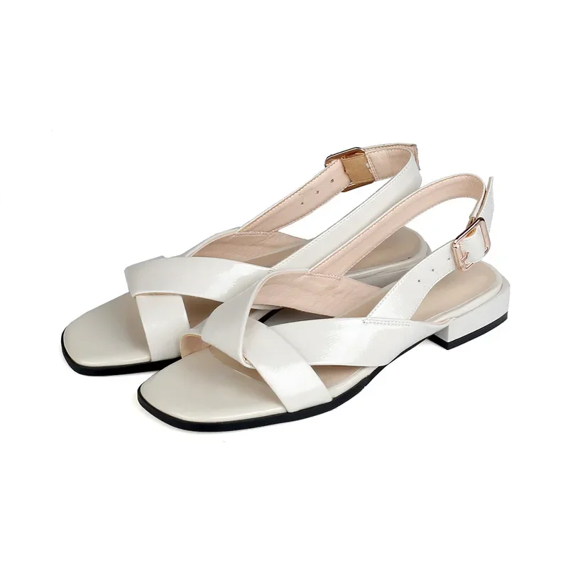Zapatos de piel auténtica para mujer, sandalias informales de tacón bajo con punta cuadrada, cómodas, color negro y Beige, talla 35-42, novedad de 2023 - imagen 4