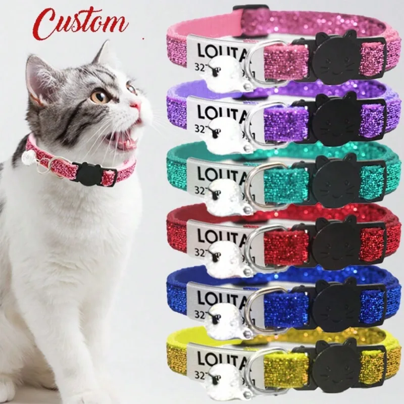 Collar de gato con purpurina personalizado con etiqueta de identificación, collares para gatos separables seguros, Collar bonito de liberación rápida, grabado gratis para gatos y gatitos