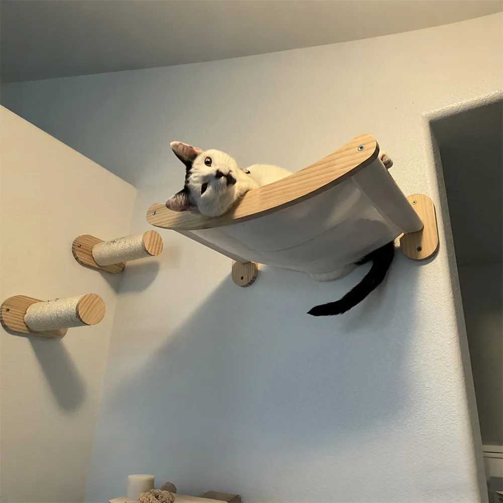 Sistema de escalada para gatos montado en la pared, postes rascadores de madera, hamaca y perchas, muebles de pared para gatos para escalar y rascar - imagen 3