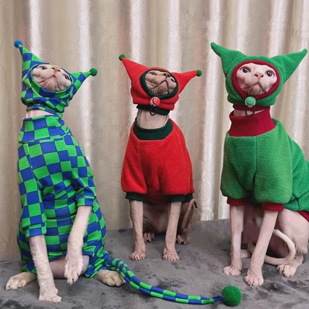 Abrigo de Navidad Sombrero Traje para Gato Invierno Cálido Manga Larga Chaqueta de forro polar para Sphynx Gato Rojo Verde Sudadera suave Suéter para perros - imagen 2
