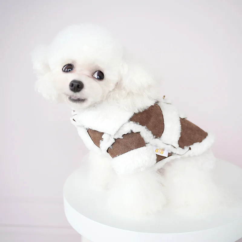 Abrigo de gamuza empalmado de lana de cordero para otoño/invierno para mascotas con peluche de tracción y ropa cálida de terciopelo Parkas de ante de una pieza para perros - imagen 2