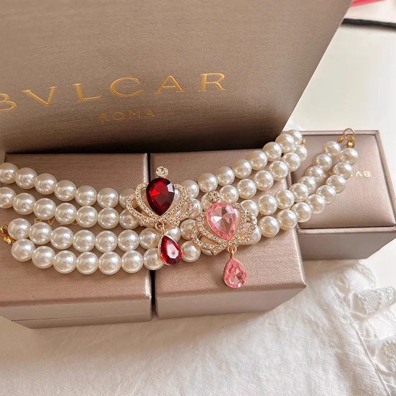 Collar de perlas con corona Retro de doble capa de princesa y gato ajustable, Collar para perro mascota, cadena para el cuello, Collar para mascota Yorkshire de peluche dulce - imagen 2