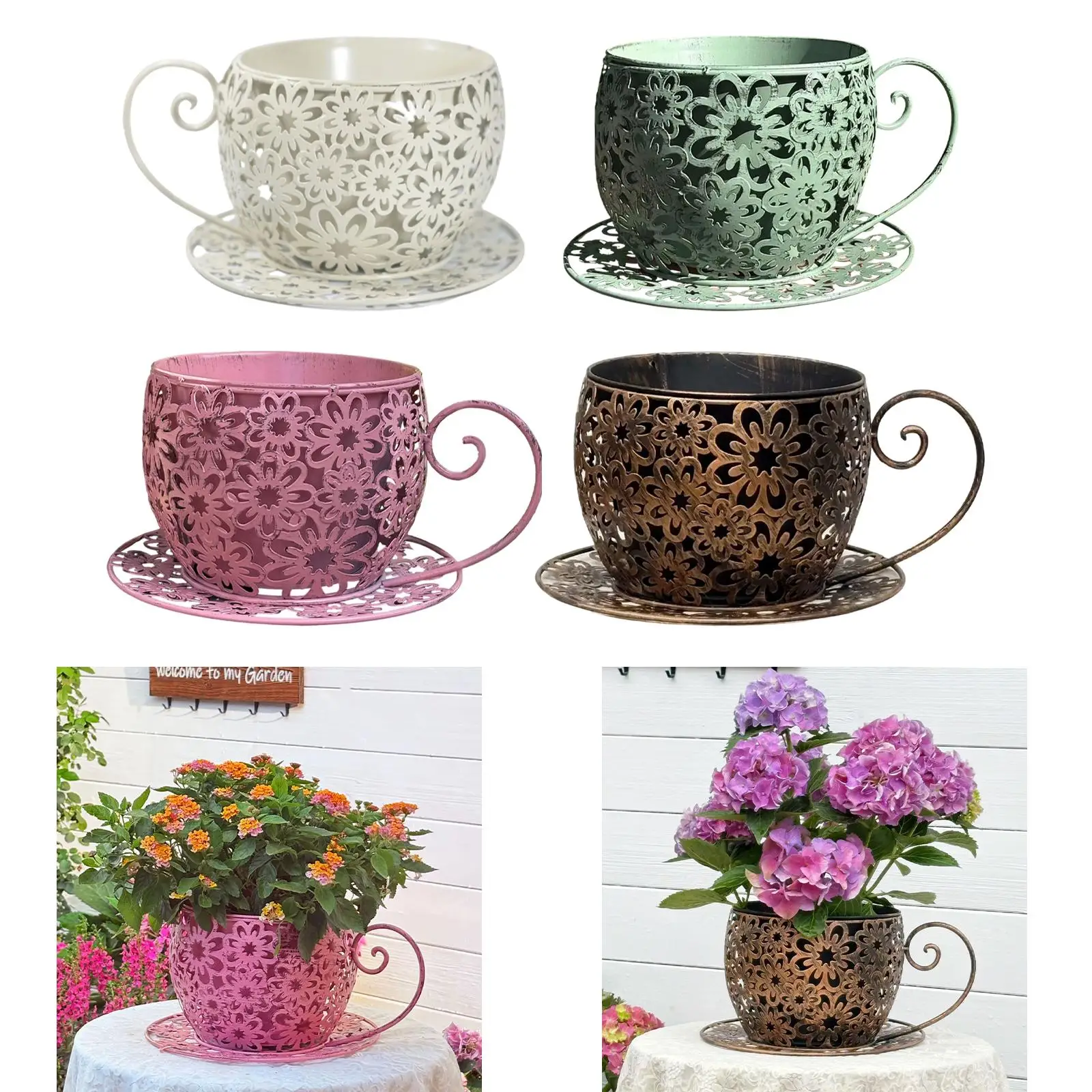 Creative Iron Planter Pot Elegant Teacup Flower Vase Vintage Art Balcony Decor for Indoor Outdoor Use