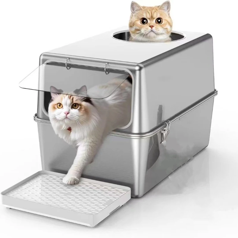 Caja de arena para gatos de acero inoxidable, caja de arena grande para gatos, inodoro antisalpicaduras para gatos, caja de arena duradera de seguridad para gatitos, producto para mascotas