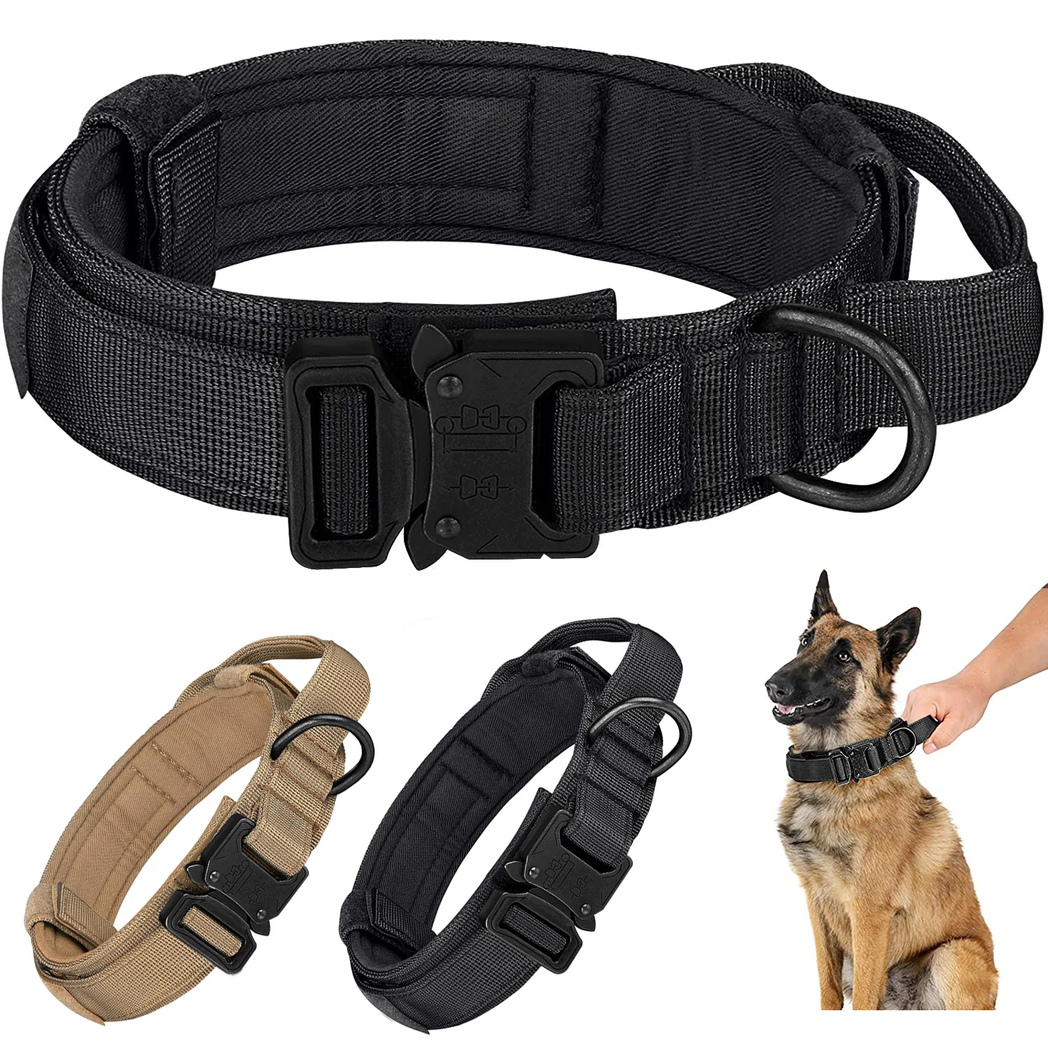 Collar táctico para perros, Collar de nailon para adiestramiento militar ajustable con mango de control y hebilla de metal pesado para medianos y lar - imagen 3