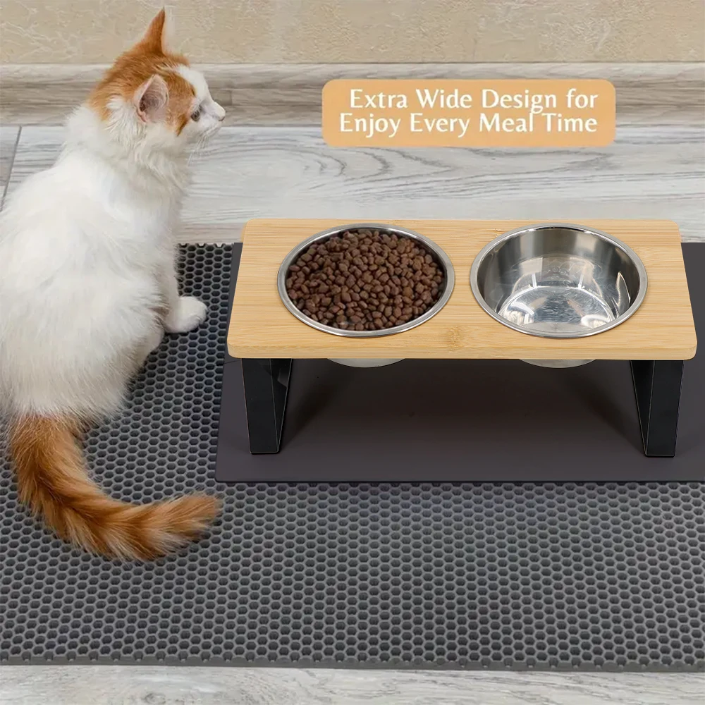 Cuencos elevados para gatos 15 ° Cuencos de comida para gatos elevados inclinados con soporte de madera, 2 cuencos de acero inoxidable antivómitos para gatos y cachorros - imagen 5