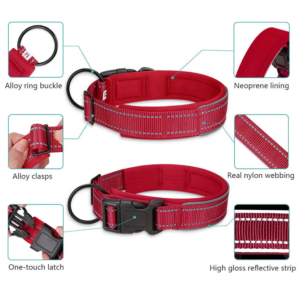 Collar para perro acolchado de neopreno suave y cómodo, Collar ancho reflectante duradero ajustable para perros pequeños, medianos y grandes, accesorios para mascotas - imagen 2