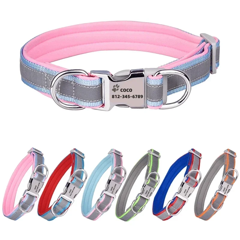 Collar de perro personalizado reflectante ajustable, collares de identificación personalizados con grabado gratis, Collar de cachorro duradero para perros pequeños, medianos y grandes - imagen 2