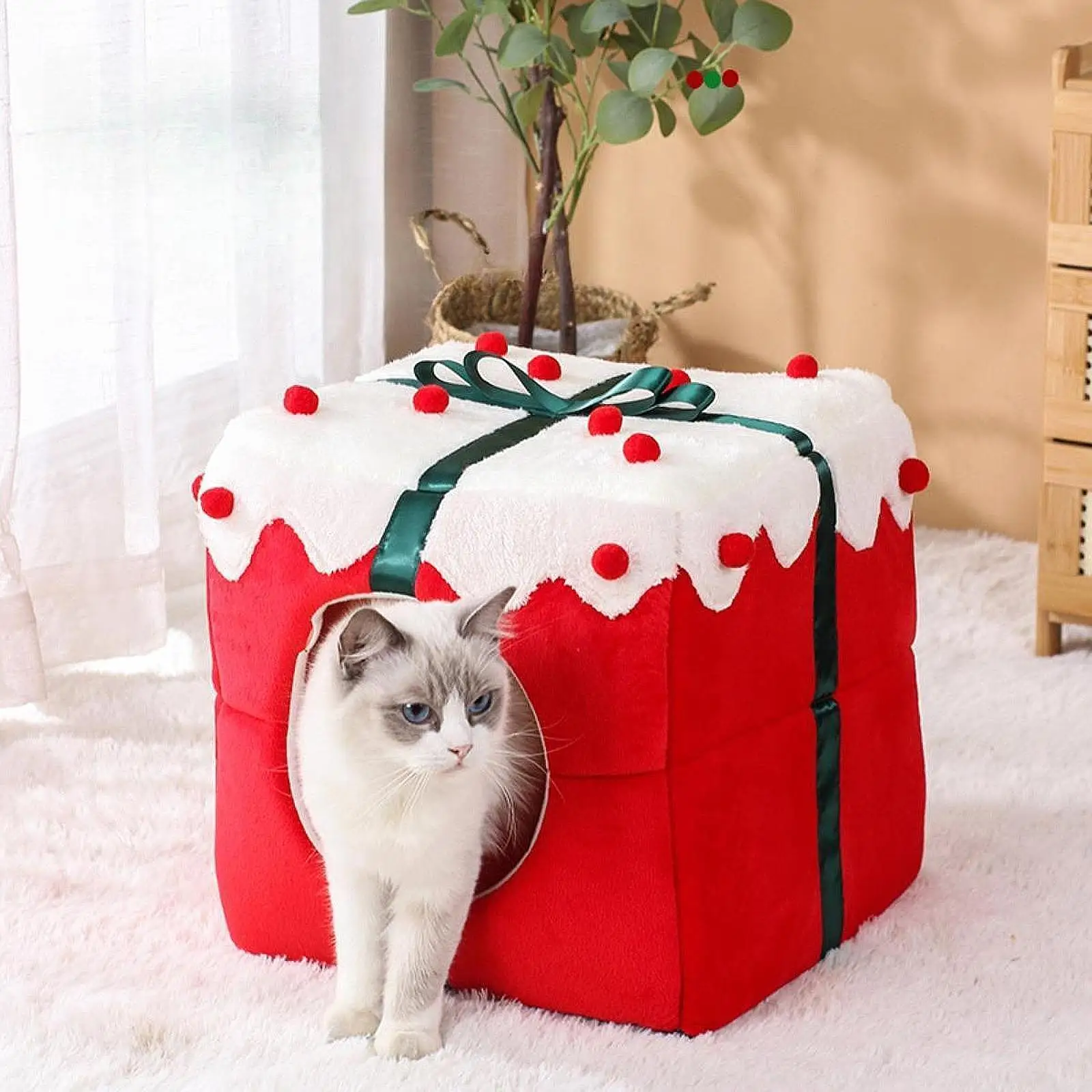 Cat Bed for Indoor Cats Cat Bed Cave Anti Slip Christmas Decor Comfortable Cat House Semi Enclosed Cat Nest for Kitten Kitty