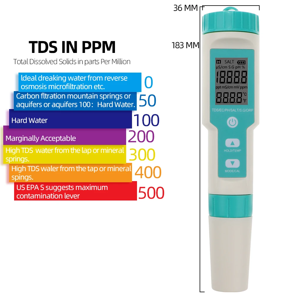 COM-600 7 en 1 PH TDS EC ORP salinidad S. G medidor de temperatura Monitor de calidad del agua probador IP67 para agua potable, medidor de PH de acuarios - imagen 5