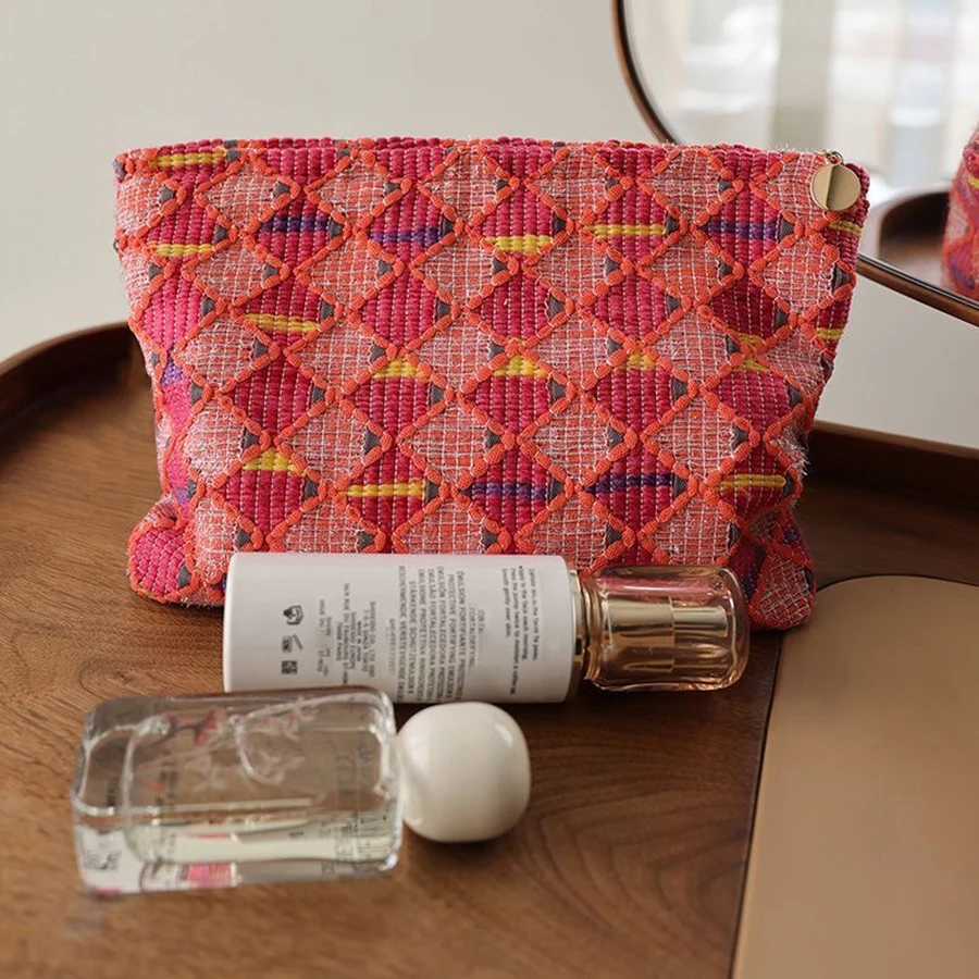 Bolsa de cosméticos con cremallera de gran capacidad a la moda con rejilla de diamantes rojos, regalo de cumpleaños, regalo de Año Nuevo, bolsa de almacenamiento para mujer, bolsa de aseo de viaje - imagen 2