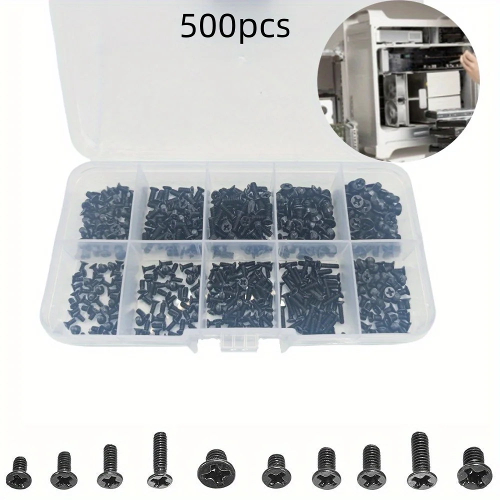 500 Pieces M2 M2.5 M3 Cross Flat Head Screws Classification Kit, Black Carbon Steel Machine Screws