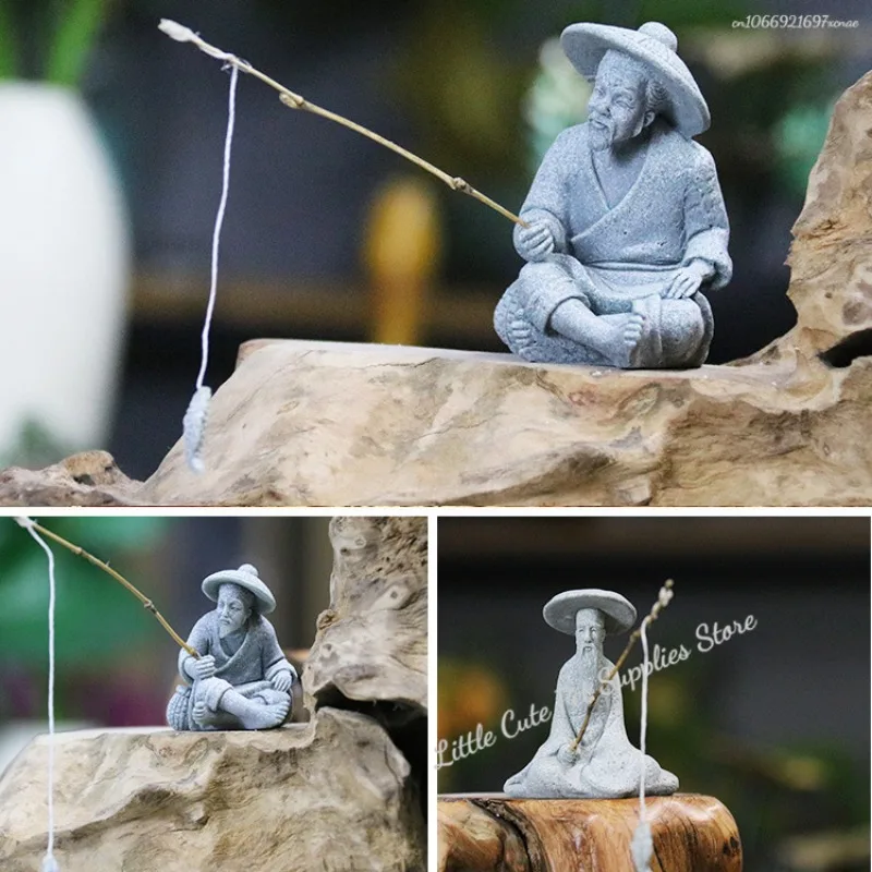 Decoración de pecera, piedra arenisca de pesca sentada, adorno Vintage, Mini estatua de pescador, decoración asiática para habitación Zen, 1 ud. - imagen 5