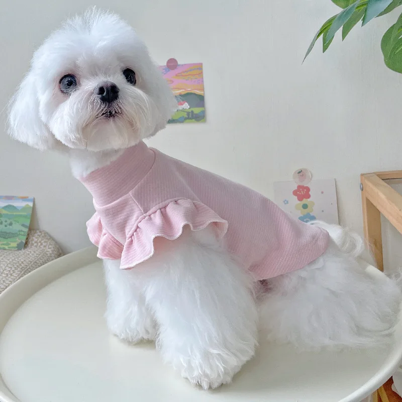 Camisa básica de manga voladora con cuello alto a rayas para mascotas, ropa para el hogar de otoño e invierno, pijamas de dos patas para perros pequeños y gatos de peluche - imagen 3