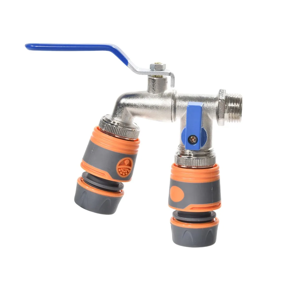 Juego de grifería de jardín de doble salida, grifo exterior de acero inoxidable 304 con mango rojo, rosca Universal para herramientas de riego, 3 uds. - imagen 3
