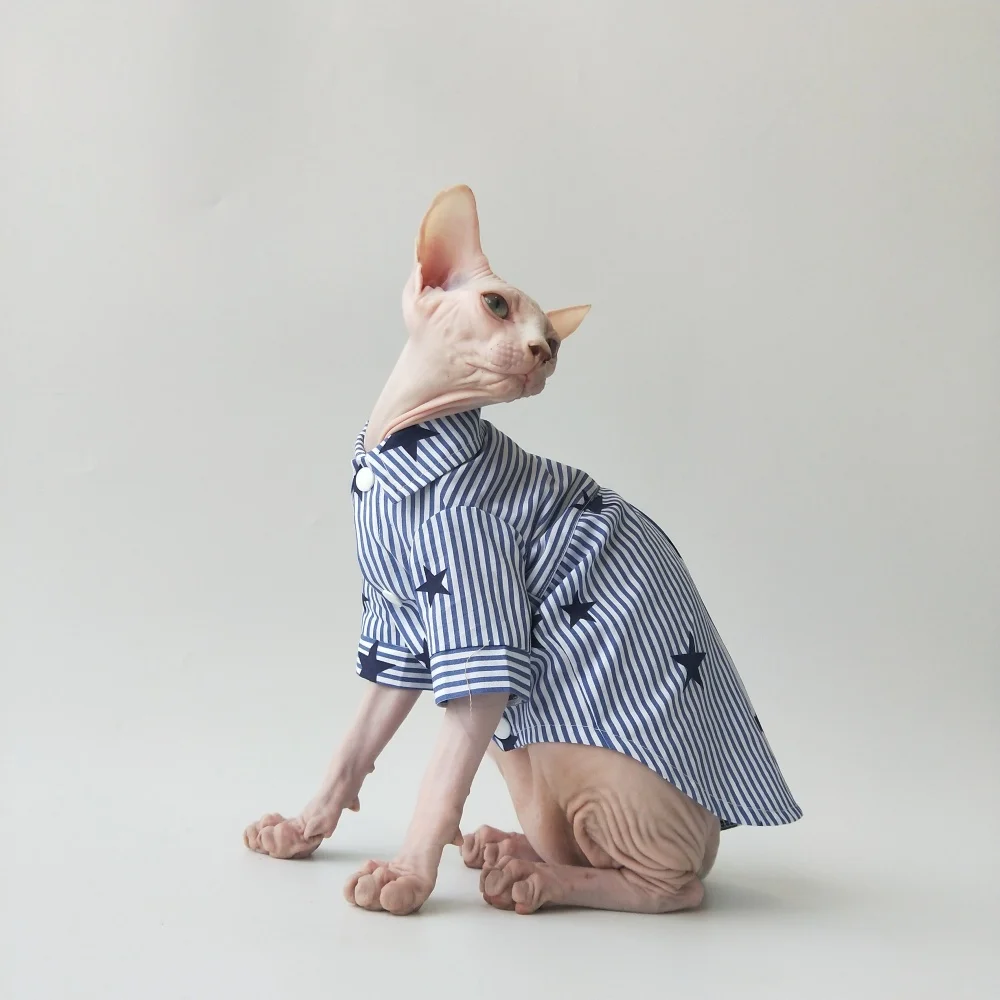 Camisa de estrella a rayas estilo caballero británico con corbata para Sphinx Cat Primavera Verano Camiseta de mangas de capullo de flor azul para gata - imagen 3