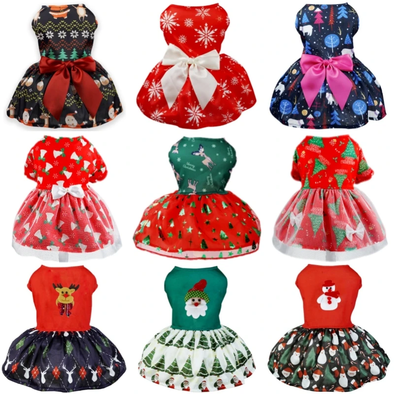 Ropa de moda para perros, vestidos navideños para perros, bonito lazo, falda para cachorros, vestido de princesa con estampado dulce para gatos, ropa para Chihuahua, disfraz suave para mascotas