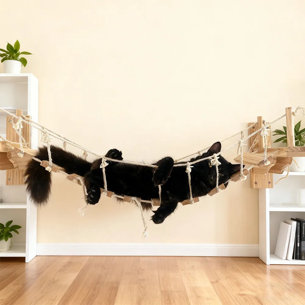 Centro de actividades para gatos montado en la pared, estantes de madera para gatos con escalones para rascar y hamaca colgante para gatos, muebles de pared para escalar - imagen 4