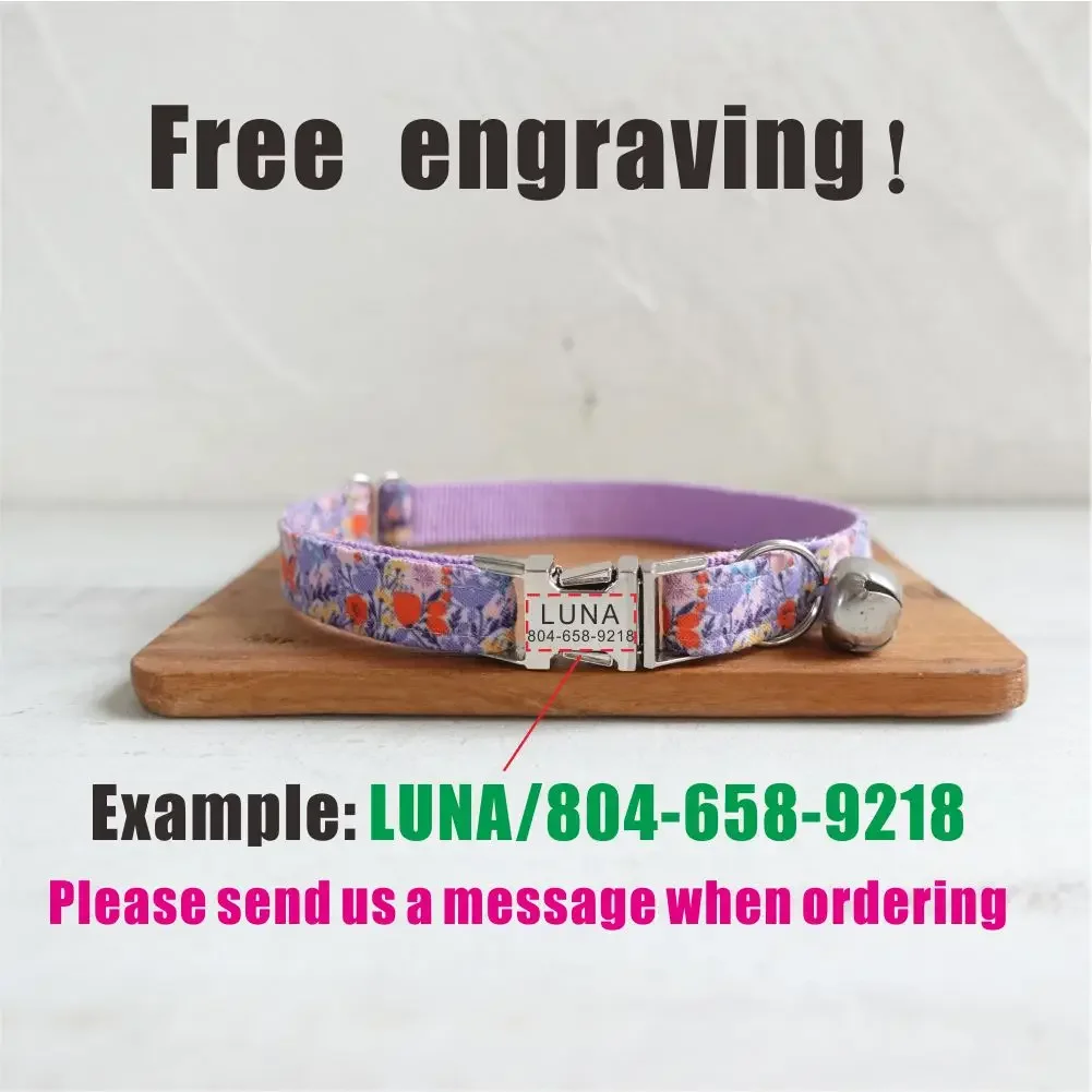 Collar de gato personalizado con grabado gratuito, correa para mascotas a juego, hebilla de Metal de contactos personalizados, Collar pequeño para mascotas con flores moradas - imagen 4