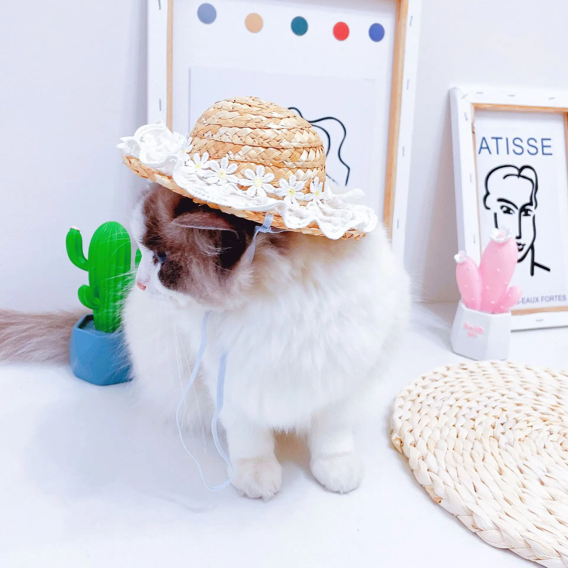 Primavera y verano sombrero de flores de encaje gato perro parasol sombrero de paja ropa para mascotas accesorios para cachorros sombrero para perros pequeños sombreros para perros gatos - imagen 4