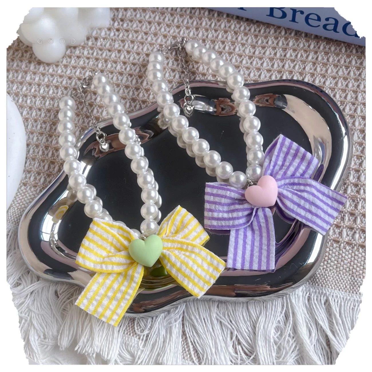 Collar de perlas de primavera para mascotas, Collar ajustable para gato/perro, lazo a cuadros contrastante, accesorios para perros pequeños - imagen 2