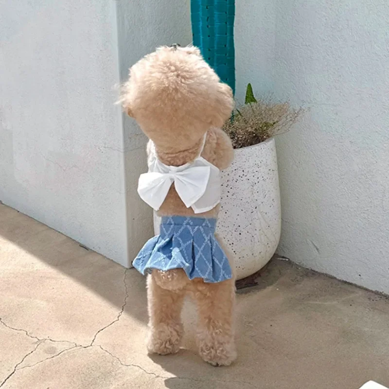 Ins Pet verano Denim Patchwork arco chaleco cachorro vestido gato Denim chaleco a cuadros camiseta medio conjunto moda vestidos para perros pequeños - imagen 3