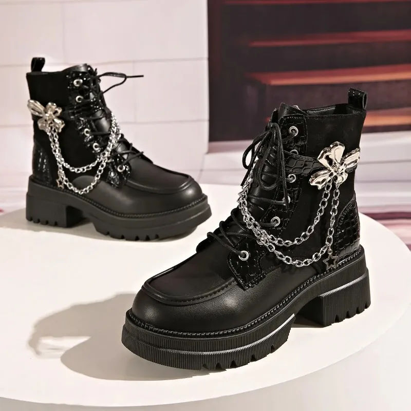 Y2K-Botines de plataforma con decoración de Metal para Mujer, zapatos góticos Punk negros con cremallera lateral, tacones gruesos, Botas cortas para Mujer - imagen 5