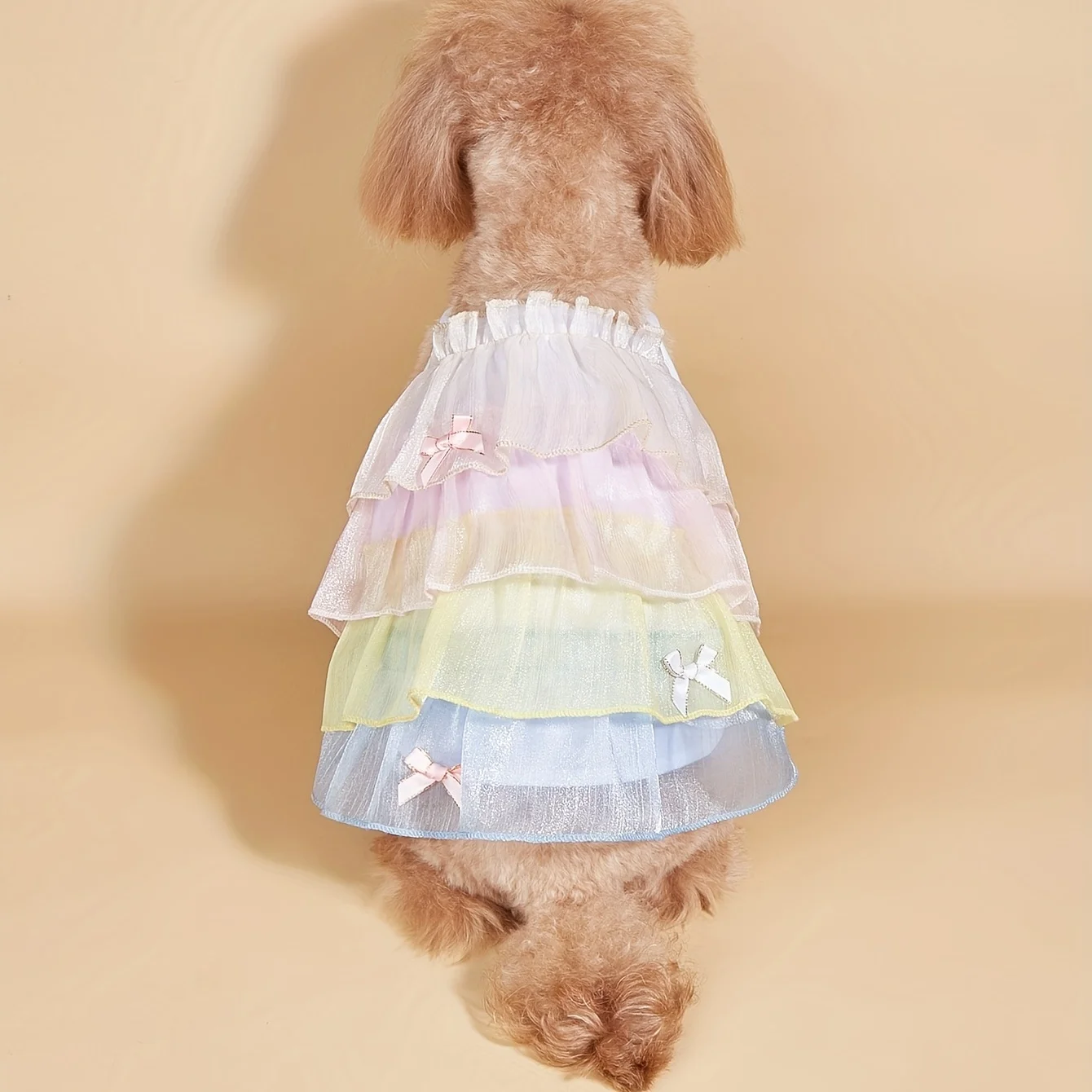 Vestido de verano para cachorros, falda escalonada de tul arcoíris, lindo traje con tirantes para cachorros, ropa de hada para mascotas con lazos, ropa transpirable para perros pequeños