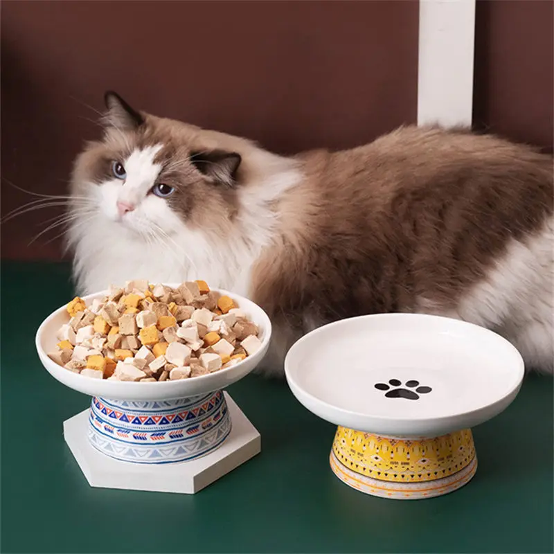 Cuenco de cerámica para mascotas de estilo bohemio a la moda, protección del cuello del pie alto, cuenco de comida para gatos, bebedero para gatos, suministros para mascotas y perros