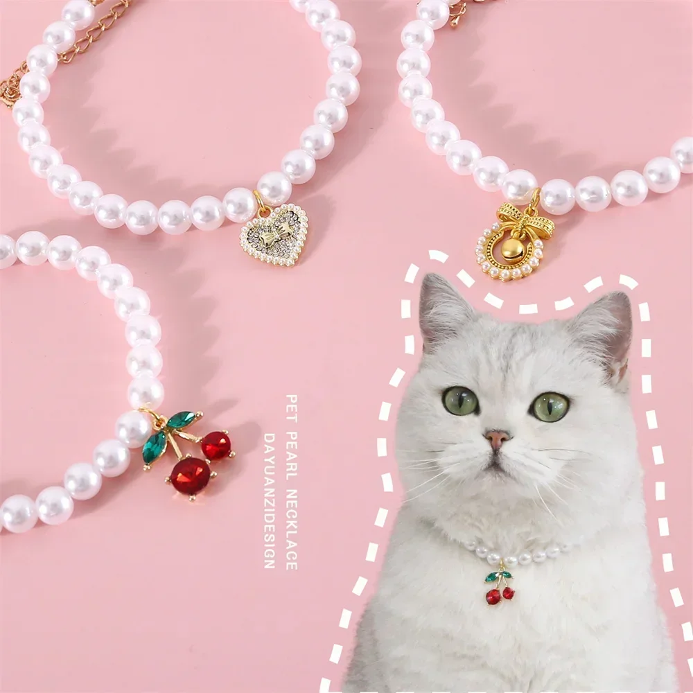 Accesorios bonitos para perros, Collar con colgante de lazo de amor de cereza y perla de viento de princesa para mascotas, Collar de viento INS para cumpleaños de perro Bichon y gato - imagen 3