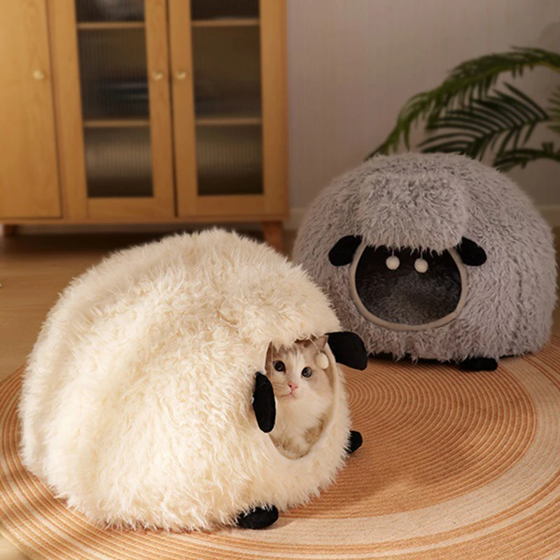 BOOTEELY-casa para gatos tridimensional semicerrada con forma de oveja, cálida, para invierno, cama Universal para gatos para las cuatro estaciones - imagen 5