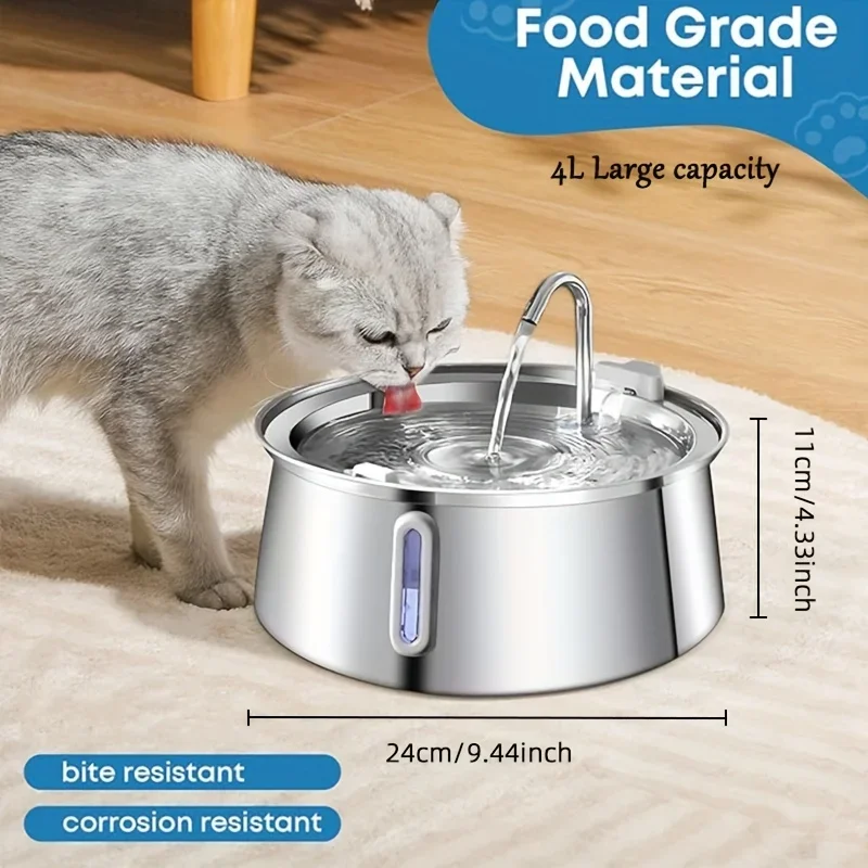 Fuente de agua para gatos de acero inoxidable de 4L, dispensador de agua automático ultrasilencioso para mascotas con filtro, tazón de agua de filtración multicapa - imagen 3