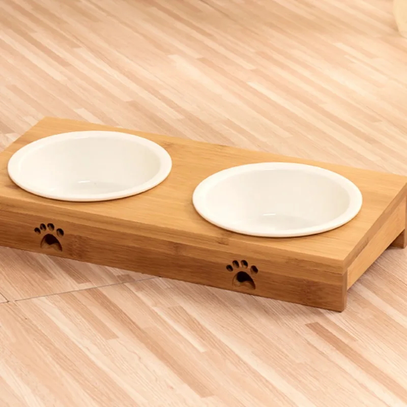 Cuencos dobles de cerámica para gatos, cuencos de bambú elevado, protector de columna Cervical para cachorros, alimentador de mascotas, contenedor de agua, vajilla para perros - imagen 4