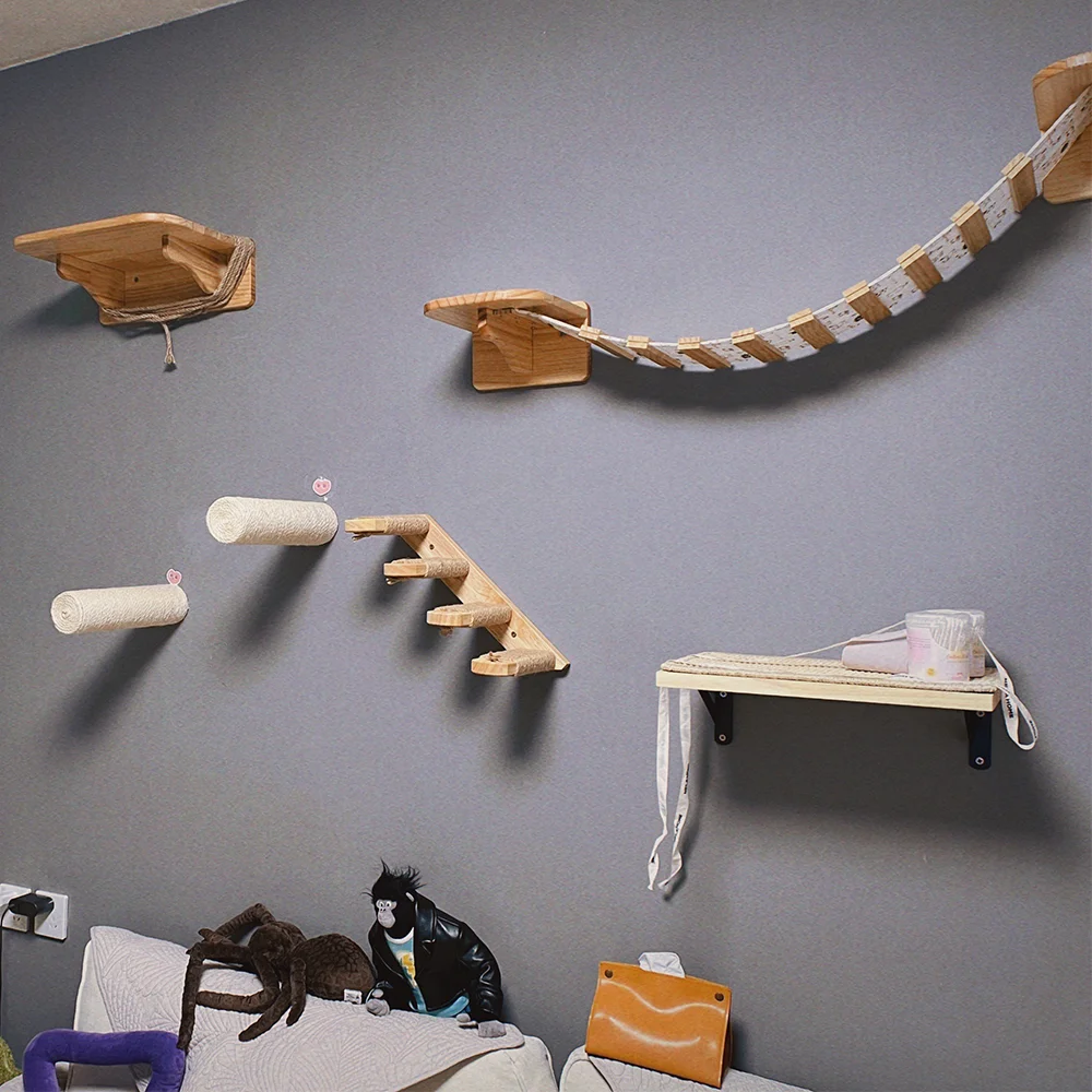 Estantes de escalada para gatos, hamaca montada en la pared con escalera y poste para rascar, plataforma de madera, muebles para mascotas, juguetes para gatitos - imagen 2