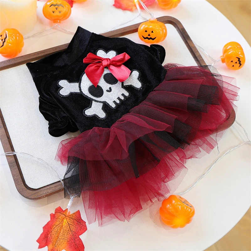 Gothic Halloween Skull Dresses for Girl Dog Layered Veils Red Pet Kitten One Piece Cosplay Pirate Festival Party York Dog Skirt - imagen 4