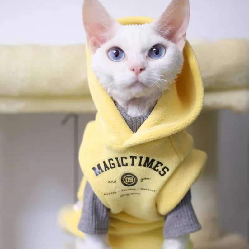 Sudadera gruesa con capucha de lana amarilla para Sphynx Cat, abrigo gris de manga corta para Devon en invierno, ropa de descanso suave para gatitos - imagen 2