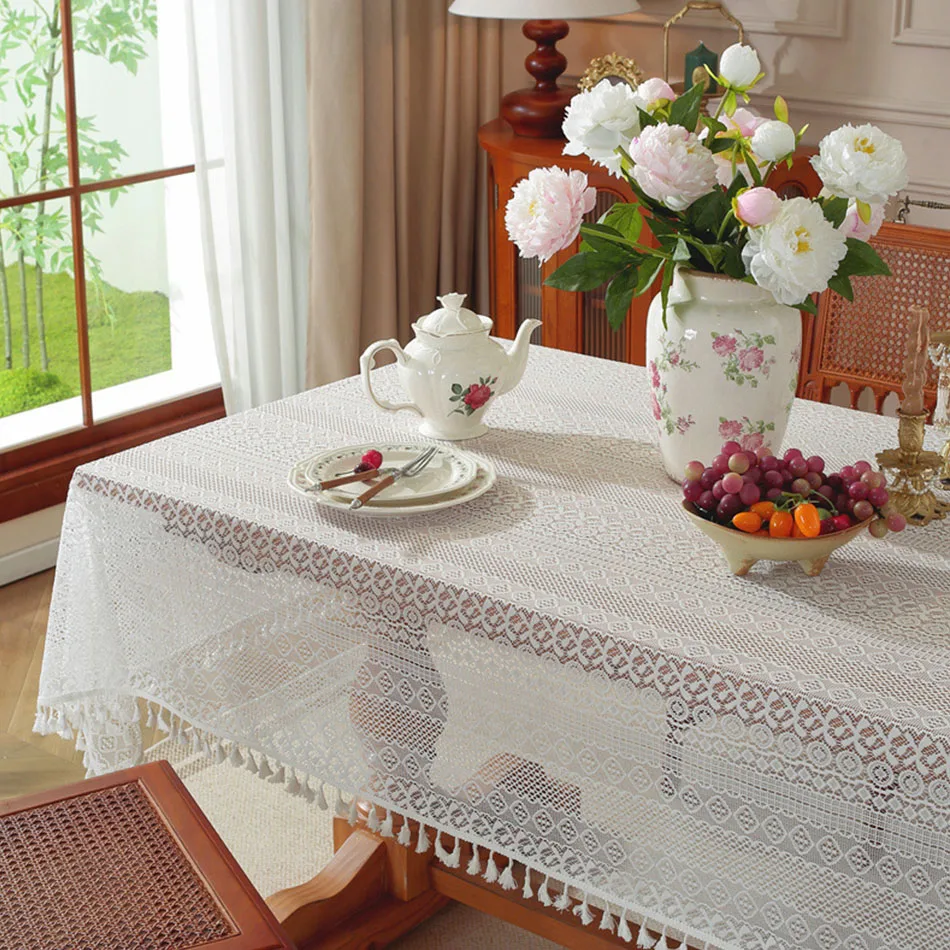 Mantel rectangular encaje blanco con flecos para mesa comedor festivo - imagen 4