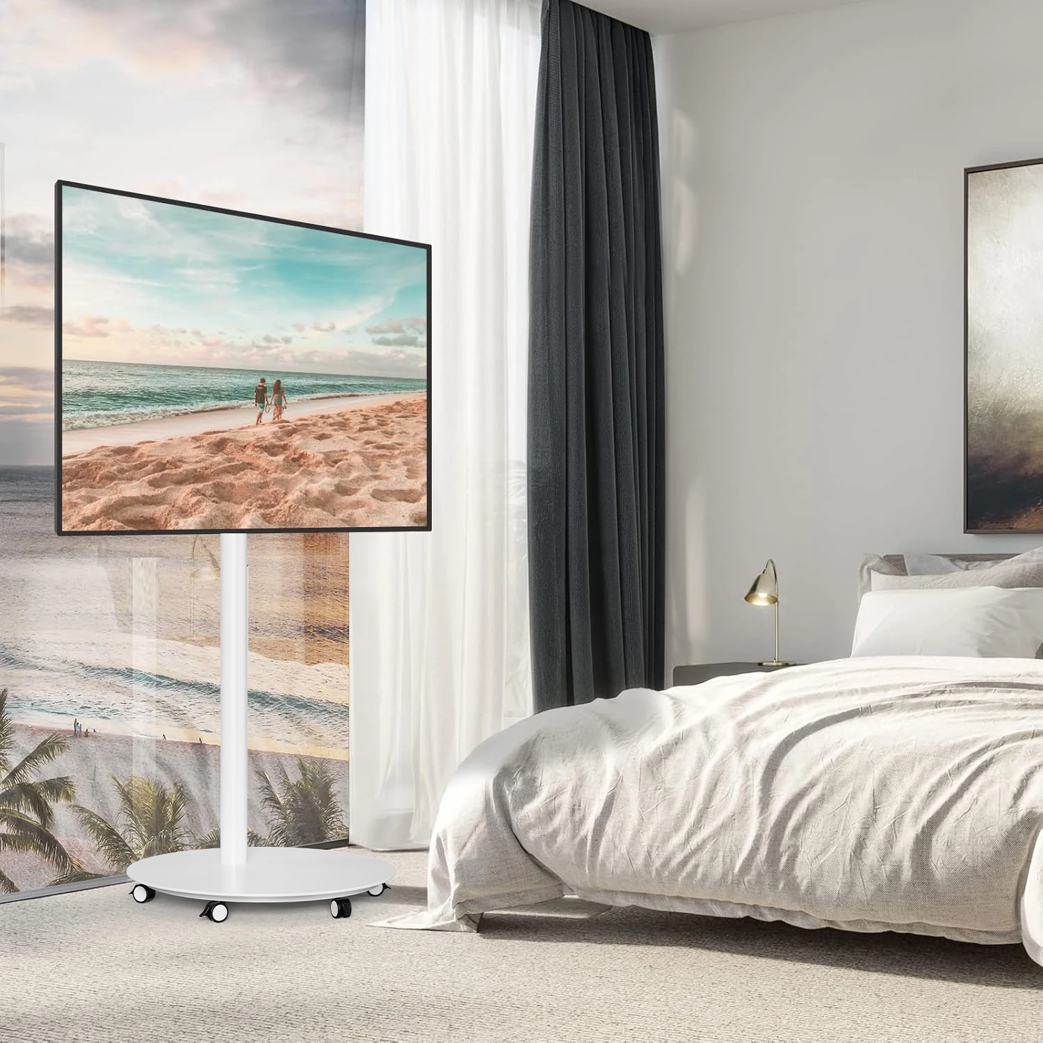 Soporte para TV móvil ajustable, carrito rodante con rotación de 360 para pantallas de 32-65 pulgadas, soporte para Monitor de suelo resistente para uso en oficina - imagen 2