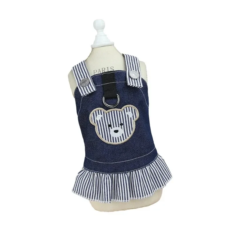 Ropa para perros pequeños, falda vaquera con tirantes finos de primavera, bonito vestido a rayas de osito, peluche pequeño, ropa remolcable para mascotas de dos patas - imagen 5